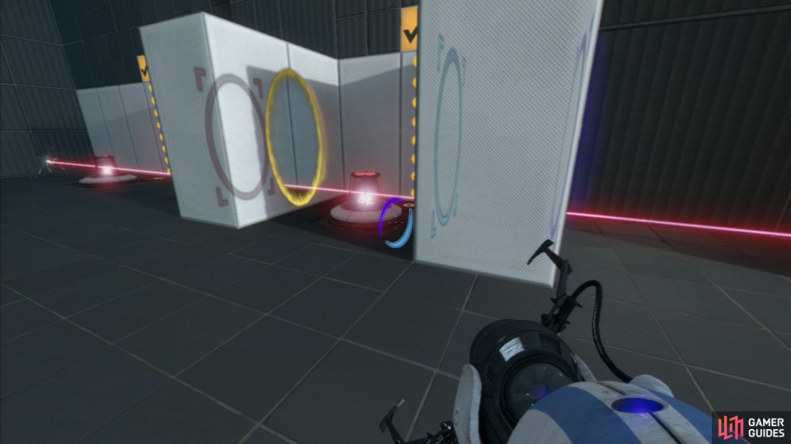 Player 1: Place your portals on the right-hand side of the wall piece that&rsquo;s jutting out.