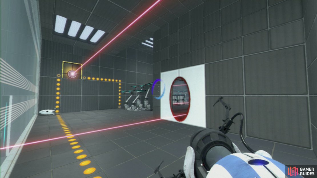Player 1: Now set your entrance portal on the wall where the beam is hitting and then on the wall panel located up and to your right. This&rsquo;ll power up the exit and the steps leading up to it!