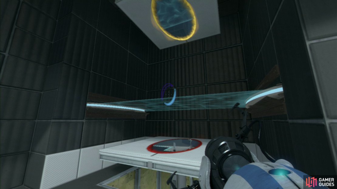 Player 2: You need to replace the portals used by player 1 in the same manner (entrance portal at the bottom and exit portal at the top) and once they’ve jumped into the infinite loop, hit the switch on your side and then immediately set the exit portal on the slanted wall in the corner. Once you’re both on the same side, just walk into the exit elevators.