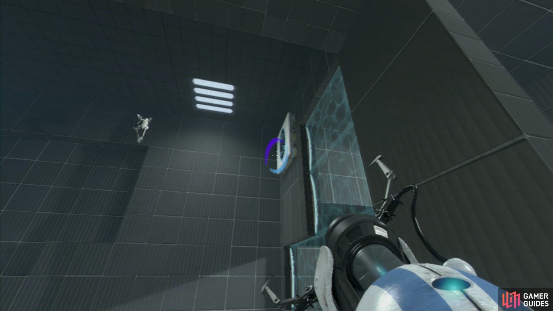 Player 1: Like in the last test chamber, this is all about using the speed generated by an ‘infinite loop’ of portals. So set your entrance portal and exit portal on the horizontal panels in the upper corner. Once player 2 is gaining terminal velocity, walk to your left and look up in the top right-hand corner by the wall. There’s a vertical wall panel up here that you need to fire your EXIT portal on, causing player 2 to travel all the way over to the other side (across the chasm).