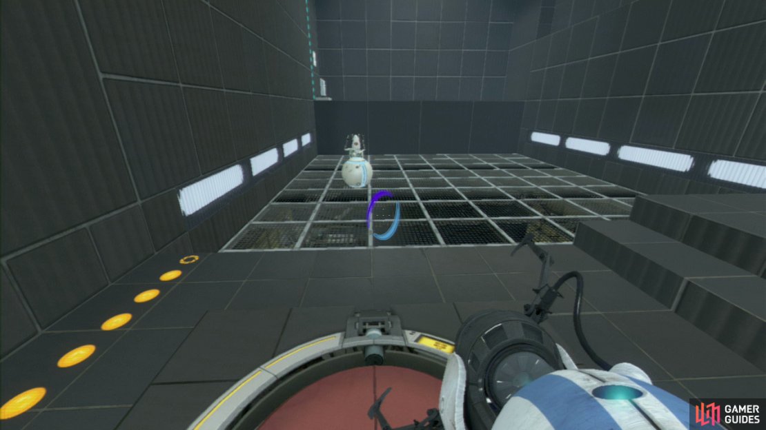 Player 1: Wait until player 2 has crossed the bridge fully before stepping off the red switch. Now get a portal on the nearby wall and one up on the wall leading near the entrance/exit. Both of you should step through and the weight needs to be dropped in it’s appropriate place to open up the exit.