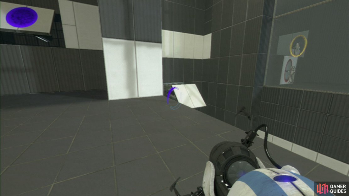 Player 1: Make your way through the force field and into the other half of the room. You&rsquo;ll want your two portals on the angled wall panel in the left-hand corner and also on the angled wall panel in the lower right-hand corner of the room.