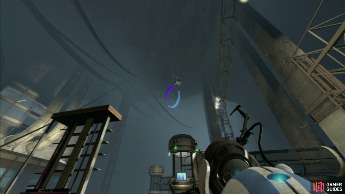 Player 2: As soon as the Displacement Cube reaches as far as where the Red Button Player 1 pushed, drop down into your portal and when you come flying out of the other side, you will be able to grab the Cube in mid-air and carry it across the gap to the platform just up ahead of you. Now drop the Cube as you fire a portal into the wall panel in front of you (make sure it’s the entrance portal, leaving the portal on the slanted wall where it is). Pick the Cube back up and carry it through, so you arrive back on the main platform along with player 1. Stand in front of the laser beam with the Displacement Cube and reflect the laser so it’s hitting the power receptor in front of the giant fan, shutting it off temporarily.