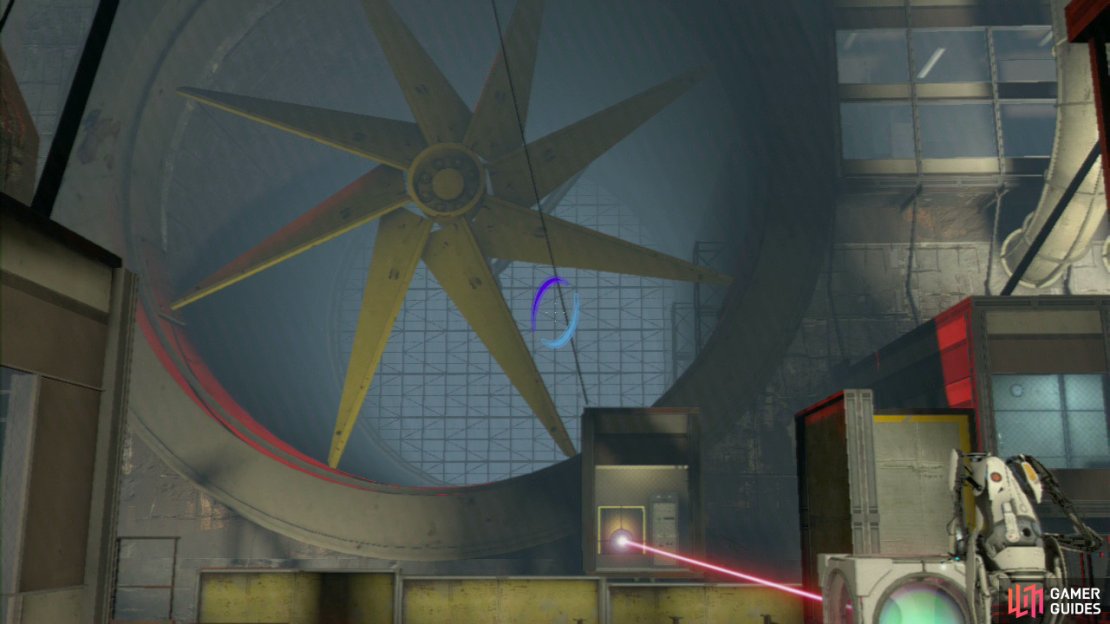 Player 1: Turn to face the left-hand wall/girders and look for the angled light coloured wall panel. Leave your original entrance portal where it is below you, and set your new exit portal up on this slanted wall. Drop back down into the lower portal and you’ll be boosted over the platform and past the giant fan blades. Now head inside the room to your left, set a portal on the wall to the right of the desk, about halfway up (you’ll find the desk immediately in front of you as you walk through the open doorway). Now run into the room to your right, and directly underneath the clock on the wall (opposite the window), set your second portal.