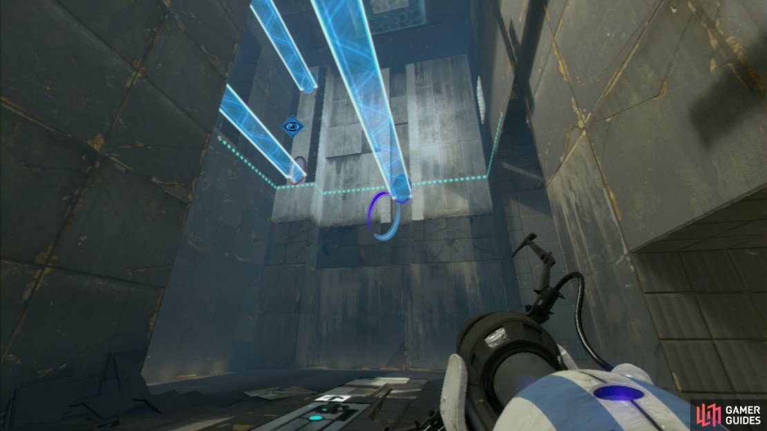 Player 2: Turn around to face the exit and get your first portal where the light bridge meets the wall, then turn back around and set a portal directly under the light bridge in the upper left-hand corner of the room. Run through both portals and hit the switch tucked away from view in the corner (it&rsquo;s in an alcove on your right).