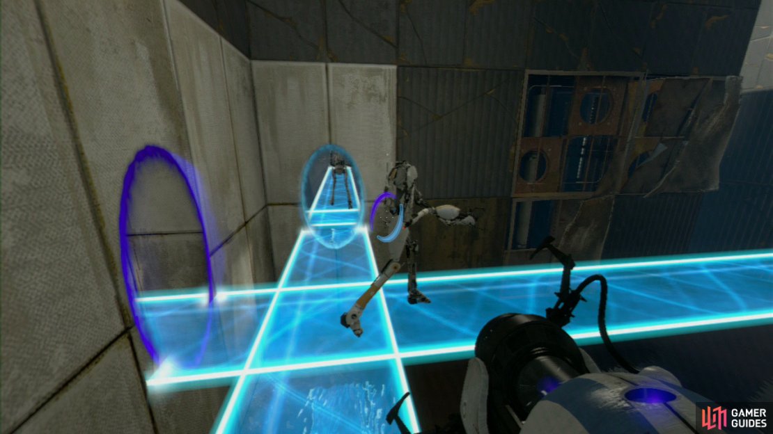Player 1: Get your first portal on the wall panel directly in front of you at the beginning of the test chamber, and place your second portal on the wall to its immediate left. This&rsquo;ll create a light bridge right across the water, allowing player 2 to perform their next task.