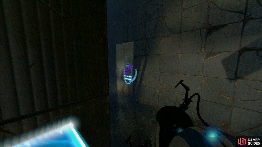 Player 1: Make your way through player 2&rsquo;s new path and at the end of the light bridge, look for the wall panel just up ahead and to your right. Set a portal here and double-back on yourself back to the start of the permanent light bridge. Rest your second portal over the top of player 2&rsquo;s portal, thus creating a new pathway.