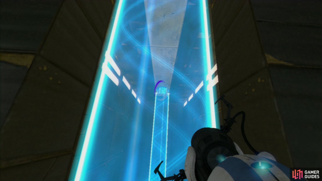 Player 1: This is similar to the first half of the test chamber, except instead of climbing upwards, you need to make your way down. So place a portal on the wall panel at the end of the light bridge and then down below you on the wall panels extending straight down and fire a second portal here. Player 2: Stay exactly where you are for now, let player 1 do the next few steps for now.