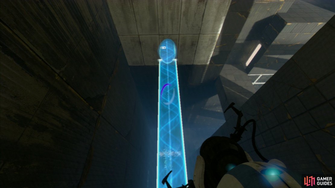 Player 1: Walk through the portal you made and make your way to the chasm at the far end. If you turn 90 degrees to your left and peer downwards, you should spot a shoot-able series of wall panels. Get your portal down here and a new light bridge should appear directly below you (preventing you from following into the deep, dark chasm below). With player 2 remaining where they are, walk towards the wall and then turn 90 degrees to your right, you should spot three wall panels lined up underneath a white exit sign. Place a portal on the middle panel and walk across until you notice the metal floor panels flipping up below you.