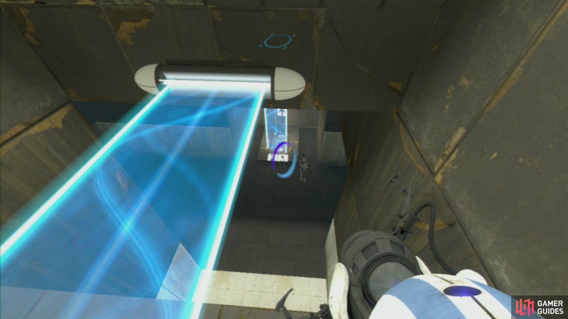 Player 1: There&rsquo;s an Arial Faith Plate located on the floor to your right at the start of this test chamber, so place your portal on the ceiling above it and then on either the far left or far right-hand side of the floor opposite (the centre has a permanent light bridge in the way). Jump off the Faith Plate and steer yourself onto the light bridge. Fire a portal into the wall by the light bridge and remember what colour portal you used!