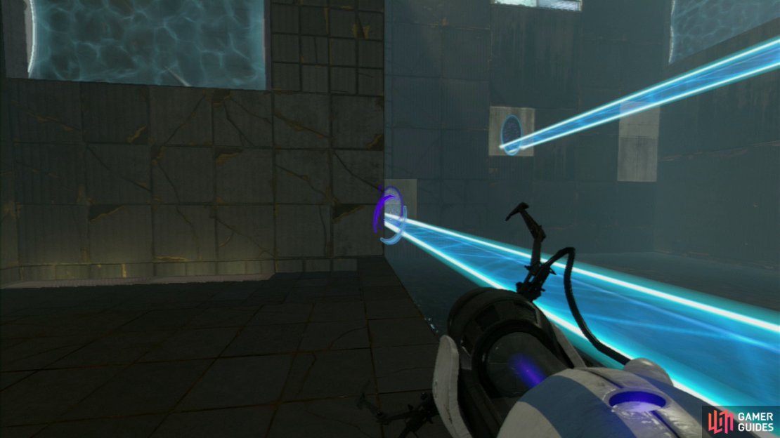 Player 1: Your first portal should instinctively be placed on the wall where the light bridge is stopped, now place another portal on the wall panel down and to the left of here (it&rsquo;ll be much closer to the water).