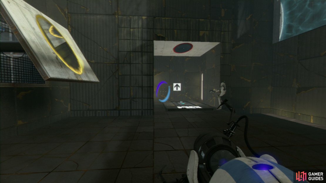Player 2: Whilst player 1 is preparing the light bridges for you, you need to set a portal on the angled wall panel to your left and then directly above the Arial Faith Plate. Hit the Faith Plate and you&rsquo;ll land in the square area just above player 1.  Fire a portal at the slanted wall in here and then drop down onto the light bridge platform player 1 created for you earlier. Now set an entrance portal back above the Faith Plate before stepping on it. This&rsquo;ll send you flying across the water towards the upper ledge on the far right of the room. Once you&rsquo;ve landed, you need to set a portal on the angled wall panel up here.