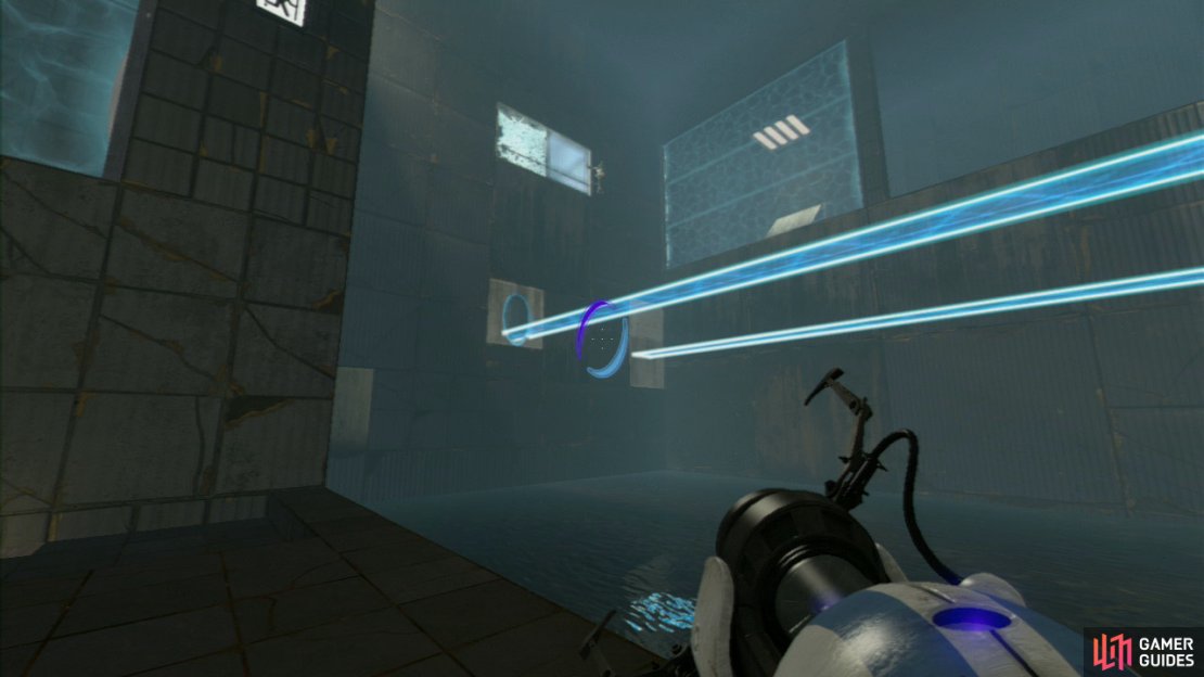 Player 1: Look up towards where player 2 now is and located on the right-hand wall (just to the left of the light bridge) there&rsquo;s a shoot-able wall panel. Fire a portal here so your light bridge appears near the upper ledge.