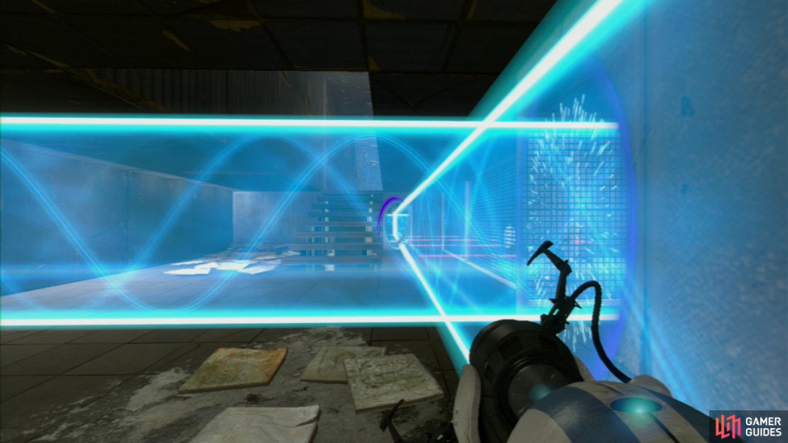 Player 1: The main goal here is to stop the Turrets from hitting you along the thin corridor. So you first need to get a portal on the wall with the light bridge on it and then on the wall just to the right of the stairway (that&rsquo;s straight ahead of you). This will block off the turrets to the right.