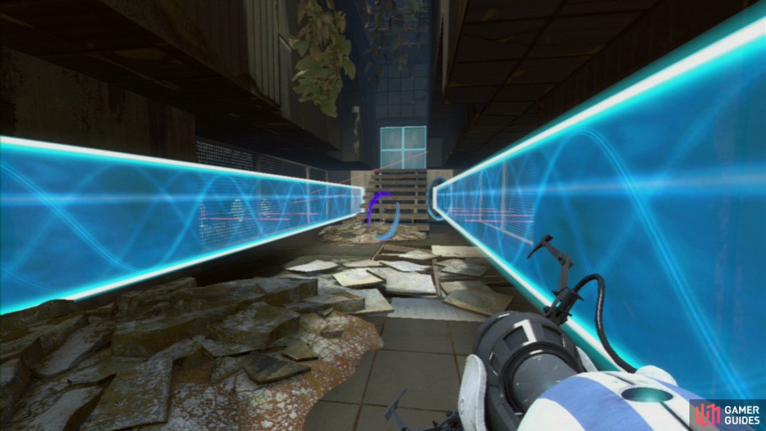 Player 1: Repeat the same step as from the first part (set your light bridge barrier on the wall beside the stairs). This&rsquo;ll cover the right-hand set of turrets.
