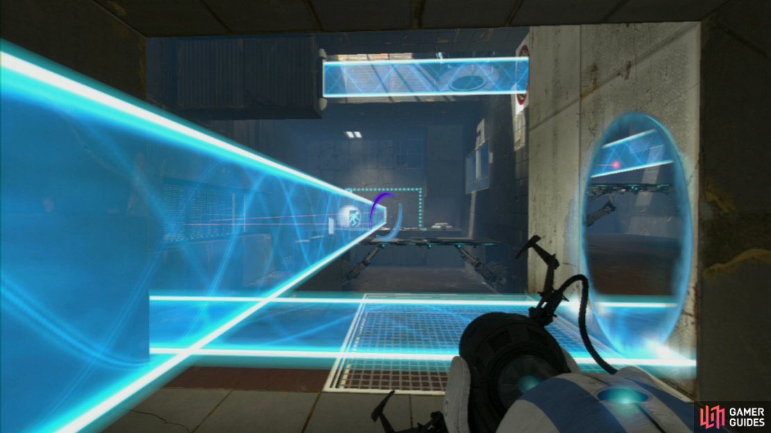 Player 2: Look for the second light bridge up near the ceiling in the middle of the room. Get a portal on the spot where it meets the wall and then fire a portal directly behind you. This&rsquo;ll create a vertical barrier, protecting you from the turret&rsquo;s fire.