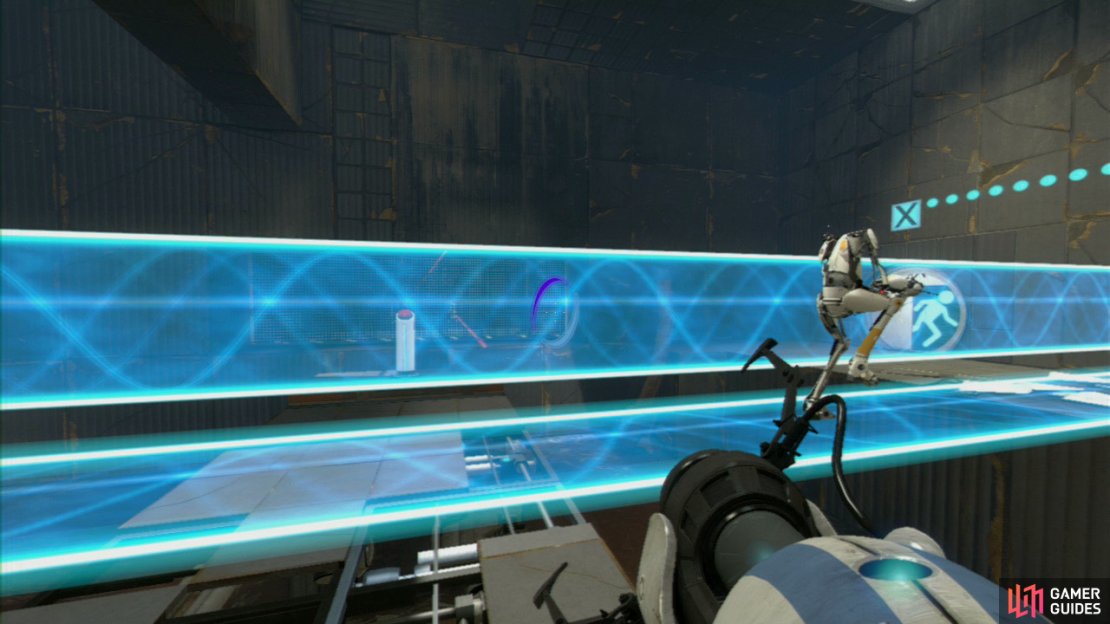 Player 1: Replace your bridge below you with one in front of you by resting a portal on the wall panel behind you. This&rsquo;ll create a bridge straight across to the other side and player 2&rsquo;s vertical bridge will still be providing essential cover from those pesky turrets. Run across the bridge (with player 2 in tow) and ask them to run straight across to the other side and wait for you.  Stand right in front of the vertical beam (directly facing the red plunger) and ask player 2 to remove the vertical protection from in front of you. Without hesitating, run forwards, press the button then backpedal so you&rsquo;re standing directly underneath the funnel above you (allowing you to catch the round weighted ball as it drops down).