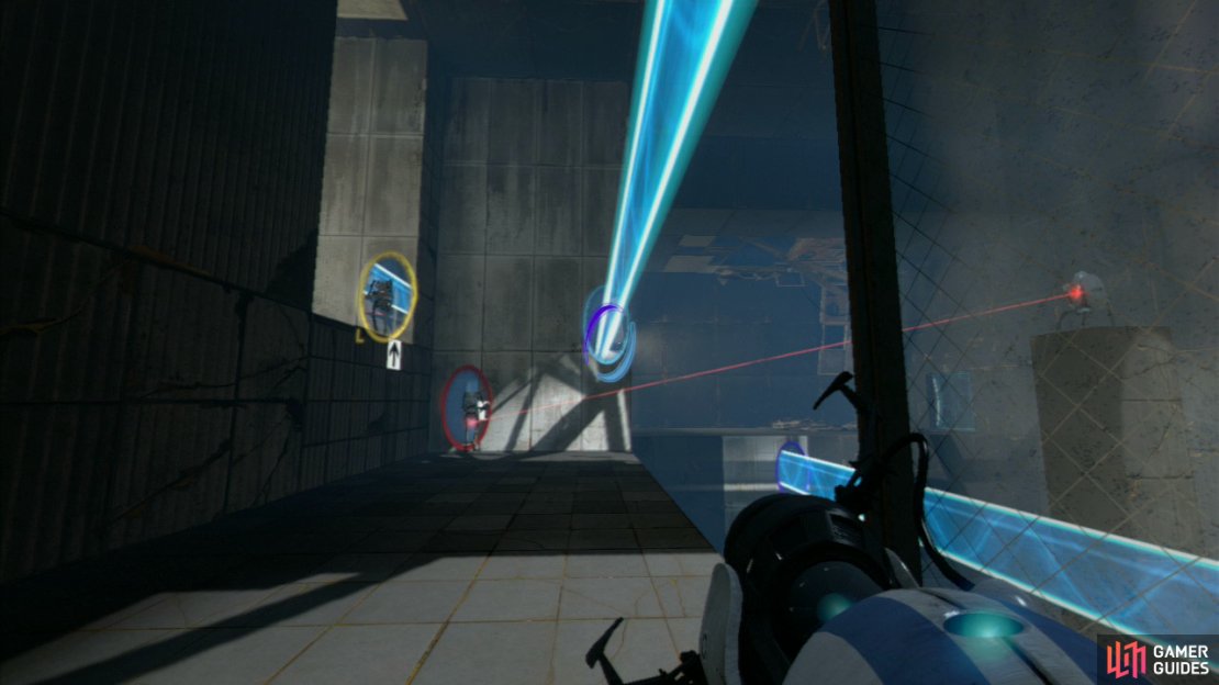 Player 1: Stay behind the glass panel on your right (so you&rsquo;re out of sight with the turret) and get a portal on the wall by the light bridge down below and then fire a low shot at the wall in front of you. This will create a protective barrier for player 2.
