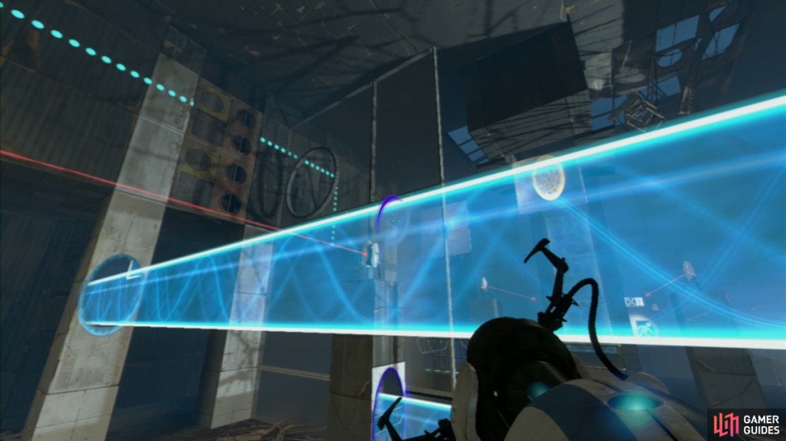 Player 1: Upon entering the second part of the test chamber you&rsquo;ll notice the multiple turrets guarding the area to your immediate right. Your first task is to get a portal on the left-hand pillar with the turret on it and then a second portal about two-thirds of the way down the vertical concrete pillar directly ahead of you. This&rsquo;ll create a barrier high enough to protect both of you.