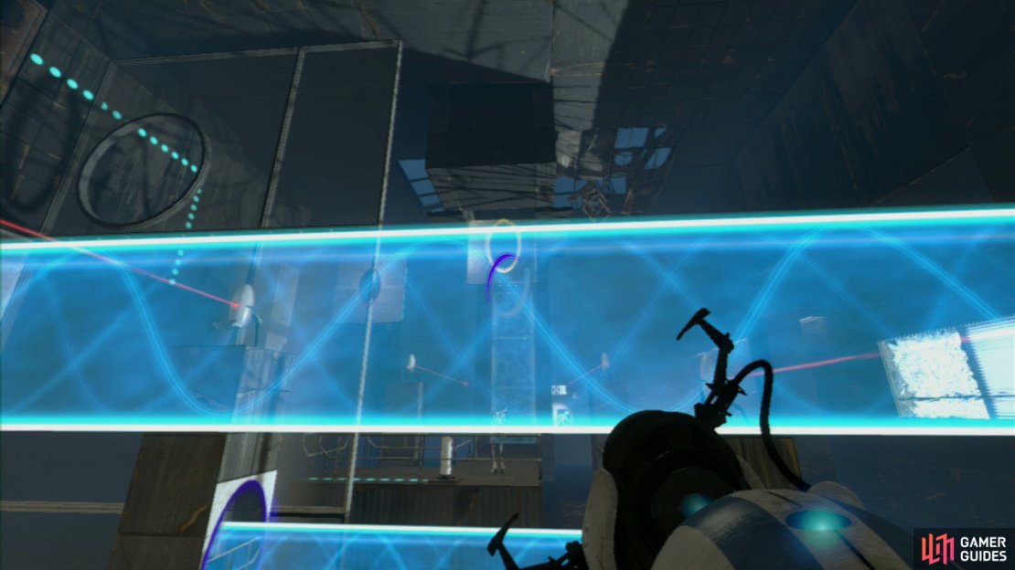 Player 2: Wait until player 1 has stood on the large red button on the ground and when they do, look up towards the middle of the ceiling where a concrete wall panel will drop down. Shoot this and then shoot the panel behind you. This&rsquo;ll allow you to drop into the middle of the room, directly behind the first two turrets.  You&rsquo;ll now want to shoot a portal at the wall panel up and to your left (just above the left-hand turret in fact). Make sure player 1 is ready and then turn and hit the red button.