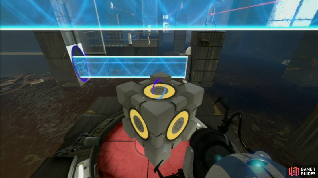 Player 1: Stand back once player 2 has hit the button as you&rsquo;ll want to catch the Companion Cube before it bounces off the wall and into the destructive water nearby. Once you&rsquo;ve got it in your steely grip, set it down on top of the button, and then wait for player 2 to shoot a portal on both your side and on the wall panel above them (or you can even do that bit yourself if you prefer) and then step through the portal to join your friend on the other side.