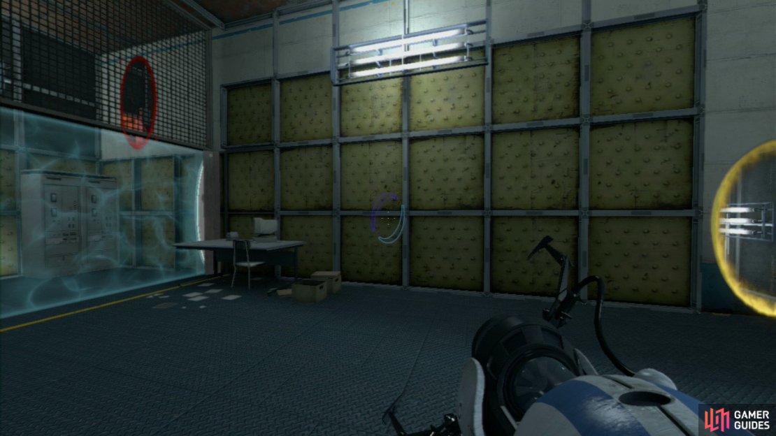 Player 2: Upon entering the building set your first portal on the wall directly beside the &lsquo;override&rsquo; beam and then fire at the top of the wall through the metal grating (where player 1 will currently be). Step through the portal, grab the ball from player 1 and set it in the override slot to open up the path to part 2.