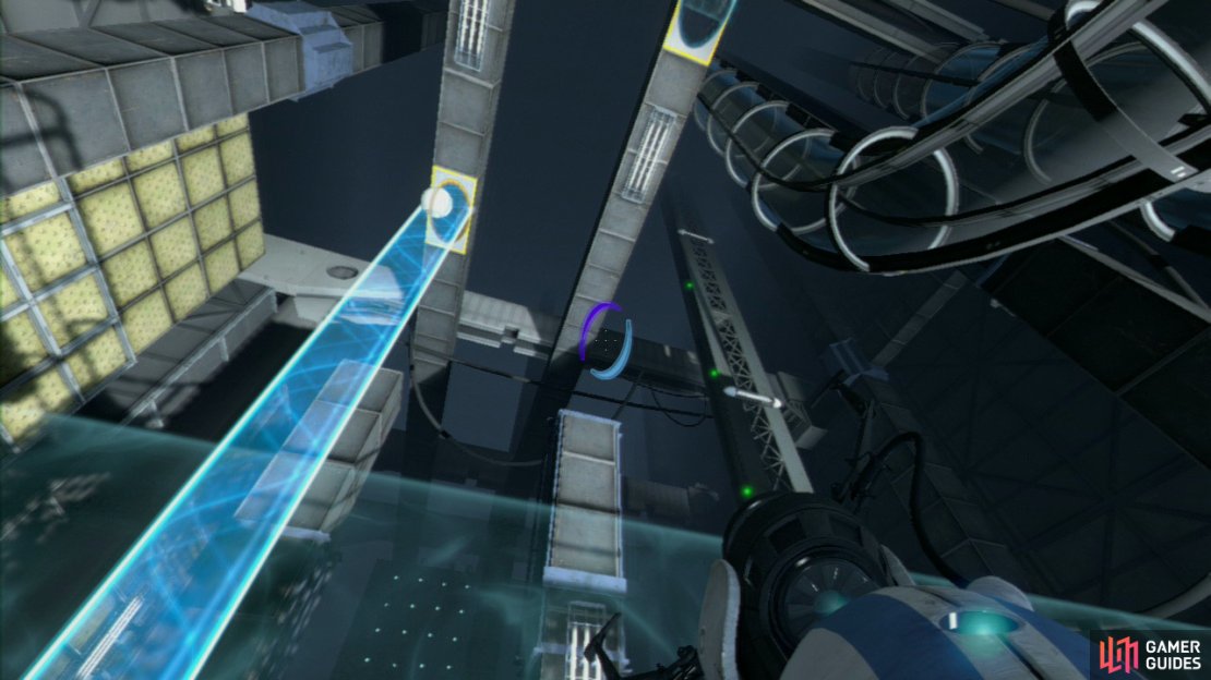 Player 2: Your task is to stay away from the force field, and instead focus on the horizontal light bridge located to your left. You&rsquo;ll want a portal on the wall it&rsquo;s hitting and you&rsquo;ll want to place your second portal on the vent just above your head (behind the force field still). This&rsquo;ll create a barrier that&rsquo;ll catch the ball as it flies into it, bouncing it into the portal player 1 just created a few seconds ago.