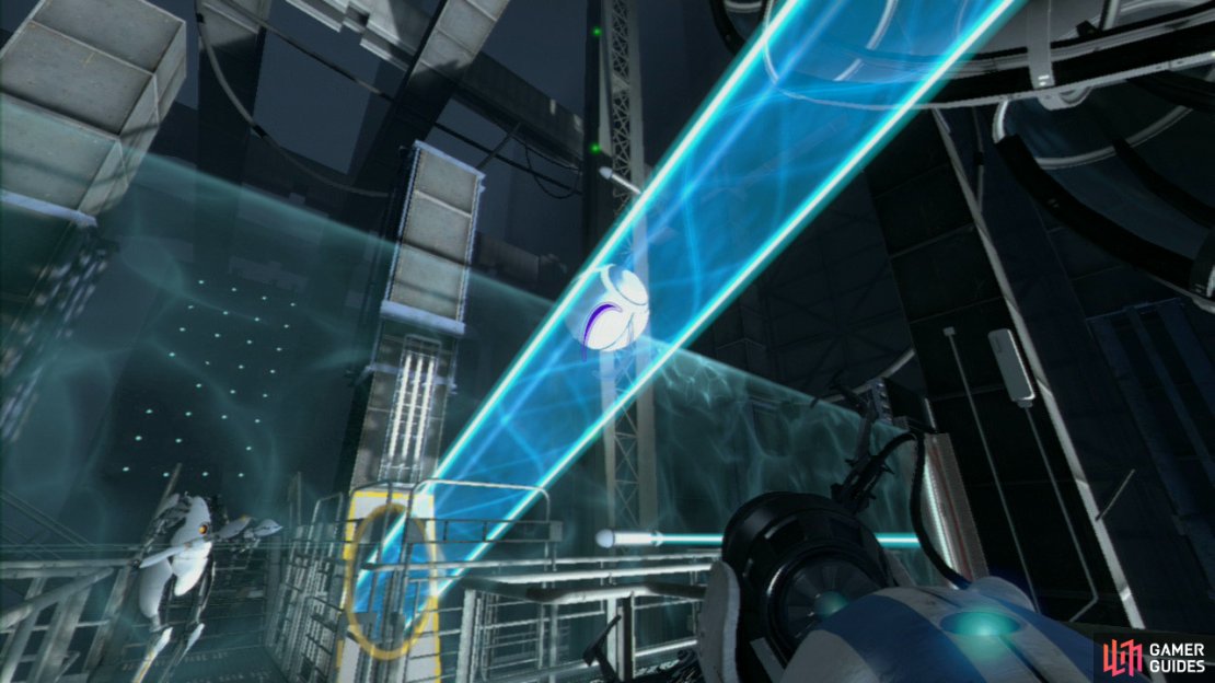 Player 2: As soon as the ball hits the vertical light bridge barrier you want to quickly fire a portal at the angled wall panel to your lower-right (close to where player 1 passed through). This will create a slanted light bridge that&rsquo;ll catch the ball and watch as it rolls onto the permanent horizontal light nearby.