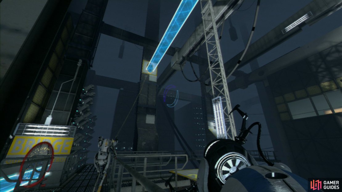 Player 2: As soon as you enter the final test area hang a left and look for the wall with the &lsquo;Bridge&rsquo; writing on it, get a portal here and then look for the large square wall panel with the yellow border up and to your right, this is where your second portal needs to go. This&rsquo;ll create a light bridge that&rsquo;ll extend right across most of the test area. Ask player 1 to join you as you step through the portal.