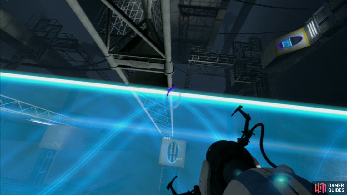 Player 1: Walk across the light bridge until you&rsquo;re standing directly above the square piece of floor with the Number &lsquo;1&rsquo; painted on it. Fire a portal onto this piece of floor so you&rsquo;re directly above it. Now look for the slanted wall panel located up and to your right a bit, this is your exit, so set your second portal here.