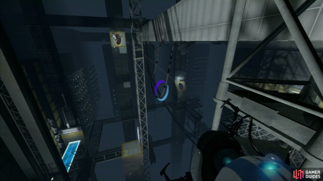 Player 2: You need to wait for player 1 to signal that they&rsquo;re ready for you, as you now have the most important task. Position yourself so you&rsquo;re directly above the floor panel with the &lsquo;2&rsquo; on it, now look for a slanted wall panel up and to your left. You need to be quick for the next sequence of events, so make sure you&rsquo;re aim is quick!  Fire a portal at the slanted wall panel and you&rsquo;ll both start to drop towards the ground, as you fall, get an entrance portal directly underneath yourself quickly. If you&rsquo;re quick enough, you&rsquo;ll both hurtle into each other in mid-air, causing you to drop on the platform below.