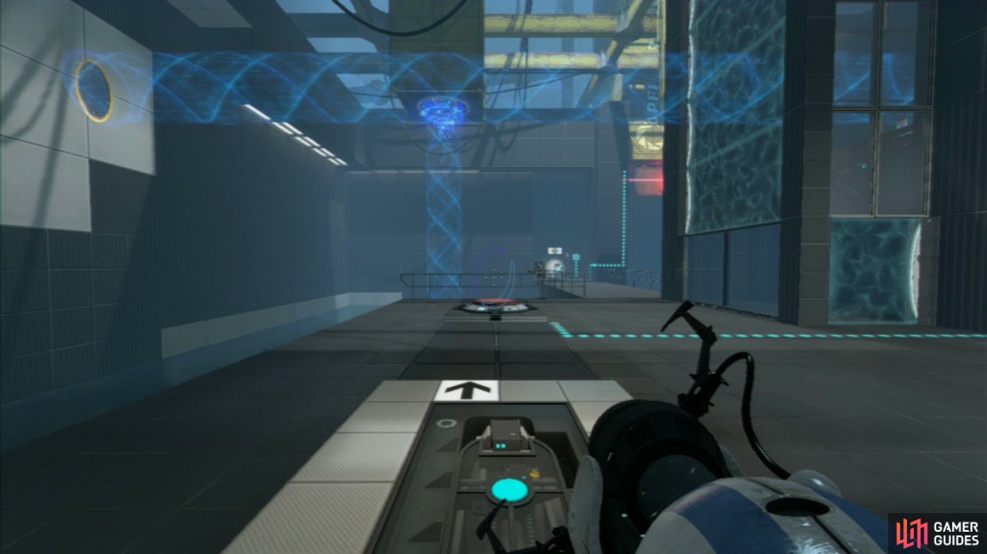 Player 2: Make your way down to the red button on the ground and turn to face the wall on your left (where a series of wall tiles are &lsquo;stair casing&rsquo; themselves up towards the ceiling). Get your first portal slap bang in the middle of the top right-hand set of tiles, so it&rsquo;s facing directly opposite the blue force field. Now get your second portal on the horizontal tile where the excursion funnel to your right is currently going (this&rsquo;ll create a funnel that&rsquo;ll lead right past the force field).