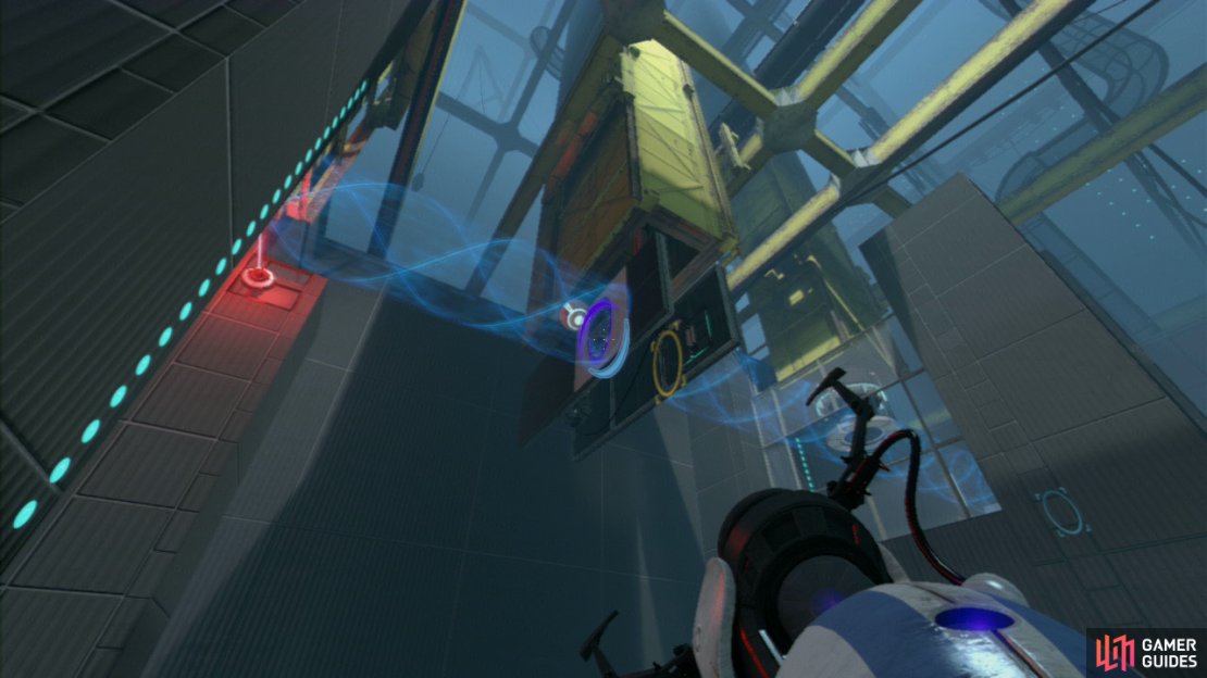 Player 1: Zoom in and fire your first portal where the ball is hitting the wall, then run to the far left-hand side of the room (towards the exit) and look up towards the red laser beam high up. Opposite is a white vertical wall panel, place your second portal here, this&rsquo;ll allow the sphere to pass through where it&rsquo;ll stop at the beam, opening the door to the exit!