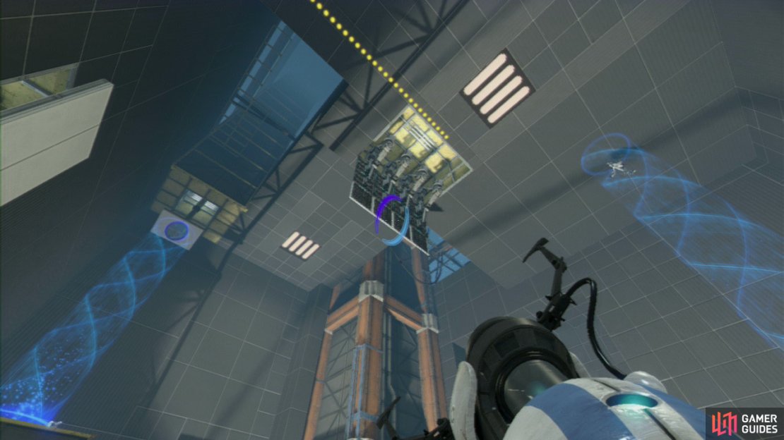 Player 1: Upon entering the main chamber, look for the start of the excursion funnel in the top left-hand corner of the room. Get a portal up on the horizontal panel hanging down above it, then look to your right and on the ground (near the stairs), there&rsquo;s another horizontal panel here that you need to place your other portal on. This&rsquo;ll create a funnel that extends up to the ceiling.