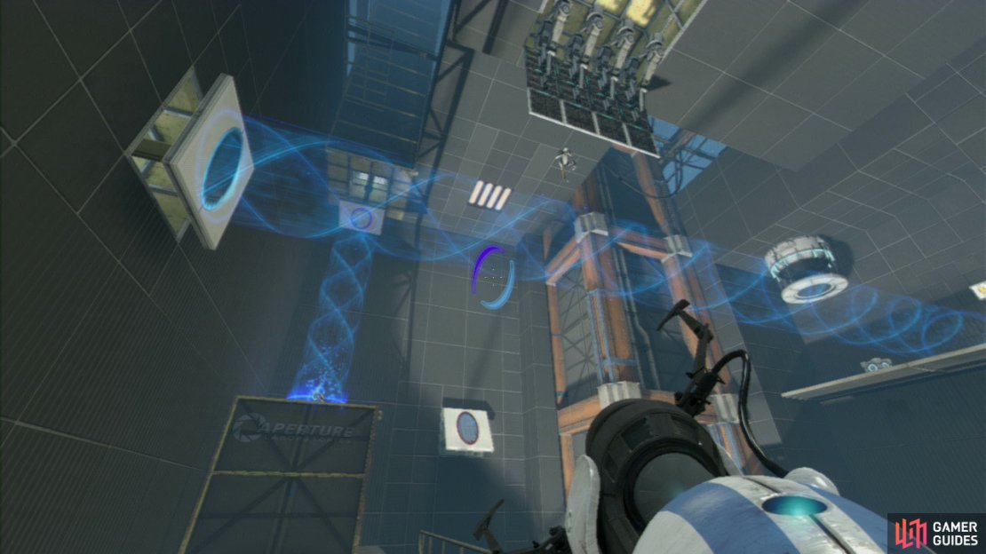Player 1: Stand on the red button on the floor and this&rsquo;ll lower a vertical barrier from the roof above. Now look to the left-hand wall and you should notice a single vertical wall panel jutting out from the wall. Fire your exit portal here (so the excursion funnel is now running horizontal from left to right, across the room). This in turn will cause player 2 to drop like a stone.