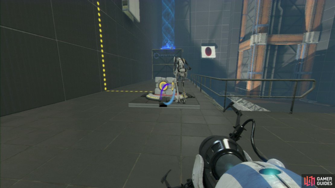 Player 2: You need to react quickly once you start to fall, so as soon as player 1 removes the portal from underneath you, aim directly at the panel below you and set your entrance portal here, this&rsquo;ll cause you to fly out of the angled panel, hit the lowered barrier and fall into the funnel, taking you right over to the platform by the exit.  Now, pick up the Companion Cube waiting patiently for you up here, drop down to the lower level and make your way over to the red button on the floor where you need to set the Cube on.