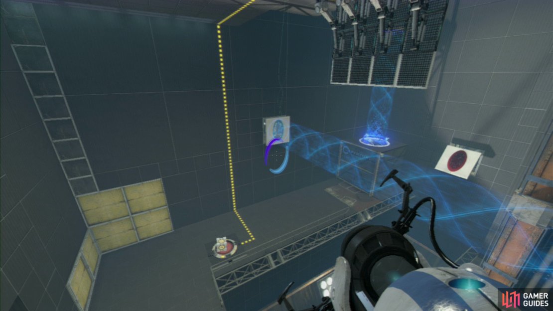 Player 1: Once the Cube is on its resting place, reset your exit portal so the funnel is once again coming out of the horizontal panel on the ground (allowing you to jump in and &lsquo;float&rsquo; up to the ceiling). Ask player 2 to join you afterwards so you&rsquo;re both in the same excursion funnel at the same time.  Once you&rsquo;re both ready, look back towards the wall ahead of you and place the portal on the vertical wall panel (once again creating a horizontal funnel moving towards the exit). This&rsquo;ll immediately cause you both to drop towards the ground.  Player 2: As soon as you&rsquo;re both hurtling downwards, very quickly place an entrance portal below you, allowing you both to hot the barrier, drop into the funnel and get carried over towards the exit!