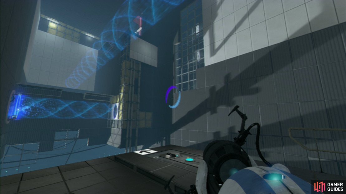 Player 1: As soon as you enter the main test chamber, look to your left and set your first portal on the wall where the excursion funnel leads. Now look where the Arial Faith Plate on the ground is located and turn around and look up. You should notice a row of shoot-able wall tiles, place your exit portal up here so when you now step on the Faith Plate, you&rsquo;ll land in the funnel as it carries you across the chasm.