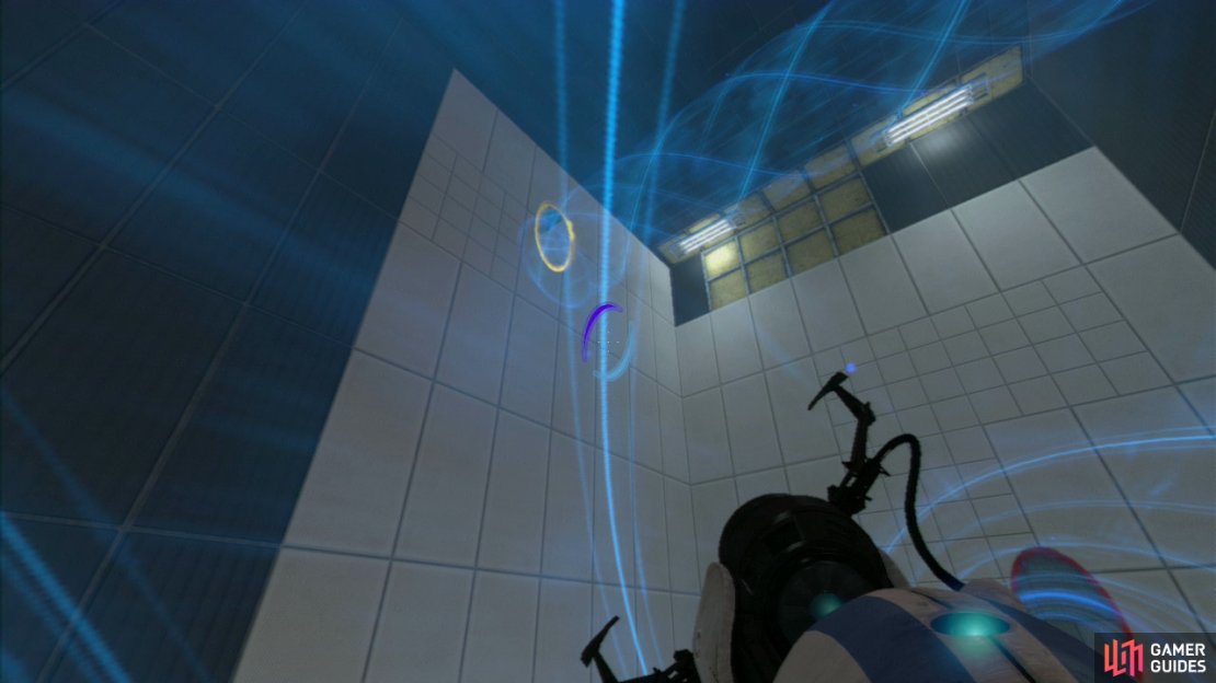 Player 2: Jump onto the Faith Plate immediately after player 1 and fire your first portal at the wall where the funnel you&rsquo;re in finishes and then look up and to the left for a wall covered in rectangular wall panels. Aim your shot so the excursion funnel continues towards the ledge located above you.