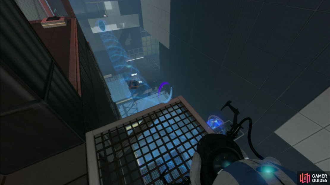 Player 1: Drop off onto the ledge and once player 2 has safely joined you up here, switch the location of the excursion funnel to the left of the wall (so it&rsquo;s passing directly under the item chute that&rsquo;s located on the ceiling). Go ahead and press the red button now and a Displacement Cube will fall into the funnel and get carried right towards you both.  Player 2: Set a portal on the rectangular wall panel located up here (where the red laser beam is), position the Displacement Cube so teh laser beam is directed directly at the middle of the wall and you now need to wait for player 1 to finish getting across the chamber.