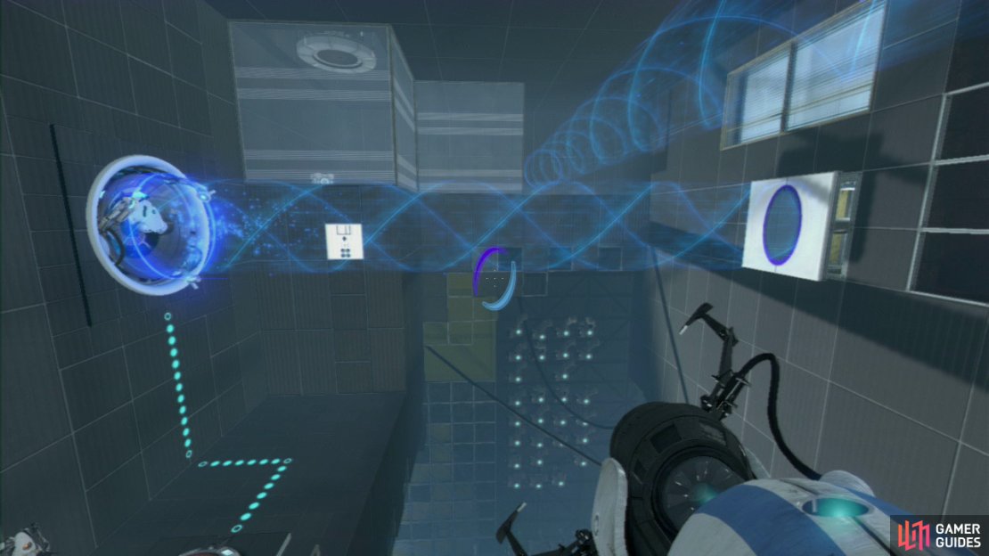Player 1: This Test Chamber is a relatively short one that introduces you to the new aspect of reversing the direction/flow of an excursion funnel. So to begin with, get a portal up on the square wall panel that&rsquo;s located up and to your left of the entrance (where the funnel hits).  Now move forwards a bit and get your second portal on the square wall tiles to your right. This in turn will create a path across the bottomless pit. Now stand on the Arial Faith Plate to propel yourself into the funnel. Once you reach the other side, pick up the Companion Cube hiding away in the corner.