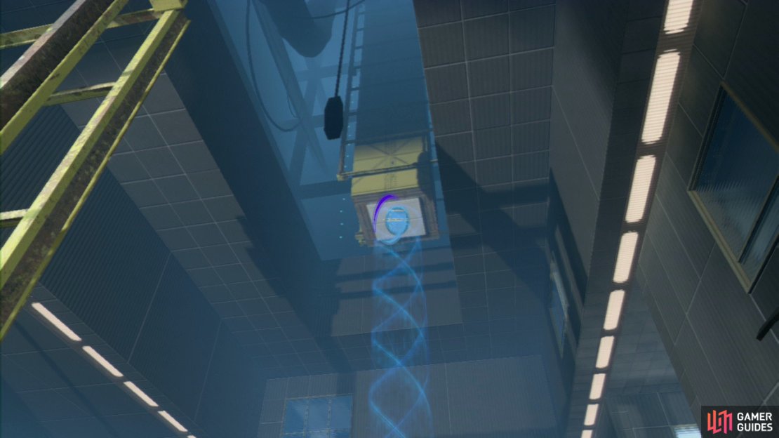 Player 1: Thankfully this is another short chamber, so start off by shooting a portal on the square wall panel that&rsquo;s on the left-hand wall (facing the square force field) and another portal at the ceiling where the excursion funnel stops. This&rsquo;ll create a funnel that stretches out over the length of the chasm below.