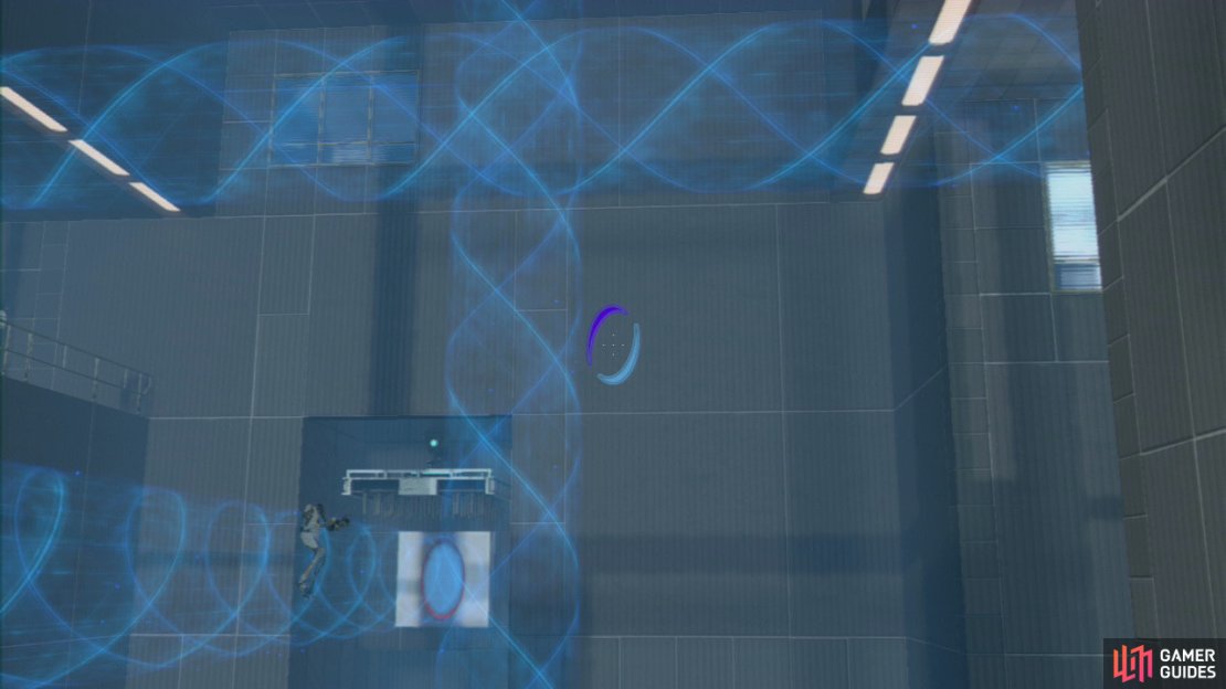 Player 2: Jump into the funnel that player 1 kindly created and immediately fire a portal off into the wall panel directly ahead of you at the end of the funnel. Now as you approach the middle of the room, look to your right and - quickly - get a portal on this wall. Now step across to the middle funnel and when you&rsquo;re high enough up, simply drop down into the horizontal funnel that leads to the exit. There&rsquo;s a red button up on the ledge here, go stand by it now.