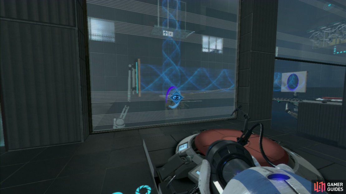 Player 2: Once the portal is flowing through the middle section of the chamber, stand on the Arial Faith plate to catapult yourself over to the other side. Once you’re here, fire your first portal on the second vertical panel in the middle of the room and then the next one on the horizontal floor tile located to the right of the panel you just placed last portal on. This’ll create a funnel that’ll travel vertical towards the exit. Now stand on the nearby Faith Plate and as you ascend the funnel, the force field above you will cut you off, causing you to drop down. Ask player 1 to stand on the red button, causing the funnel to reverse in direction, once the beam is orange, jump across into the beam and look out for the other platform located off to the side just up ahead, step out of the beam onto this platform with a red button on it.