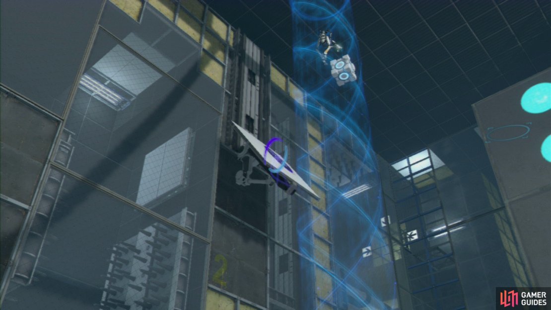 Player 2: Set the Cube down for a moment and peer over the ledge in front of you, set your funnel exit portal on the single square panel on the floor, creating an excursion funnel that’s extending to the ceiling in front of you. Player 1: As soon as your Cube carrying buddy reaches the top, place a portal on the angled wall panel on the left and then aim at the ground panel directly below player 2. Fire your second portal and your colleague will drop down and take the Cube directly across to the exit.