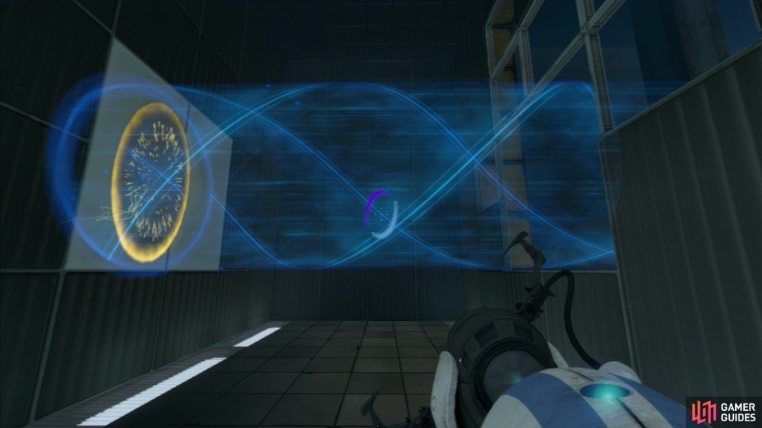 Player 2: Follow player 1 down the room, but halfway down turn to your left, look up and fire off a portal on the tile the excursion funnel is flowing into. Now both of you need to turn the left corner and you&rsquo;ll want your exit portal on the wall panel here.