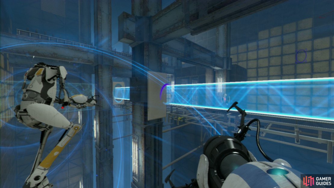Player 1: Both of you should jump into the funnel and you&rsquo;ll be carried over a chasm with spike panels all around and a conveyor belt of infinite turrets directly below you. So as you&rsquo;re passing over the metal spikes, look down towards the conveyor belt below and directly under the left-hand metal girder is a thin rectangular wall panel. Get a light-bridge here so it&rsquo;ll protect both of you from the turrets in just a moment.