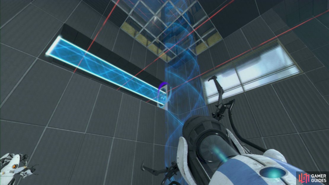 Player 1: There&rsquo;s more tomfoolery with the light bridges, so get a portal on the wall of the light bridge and then look up and to your left where the three turrets are located. There&rsquo;s a conveniently placed wall panel just in view, so get the light bridge barrier up here to protect both of you.