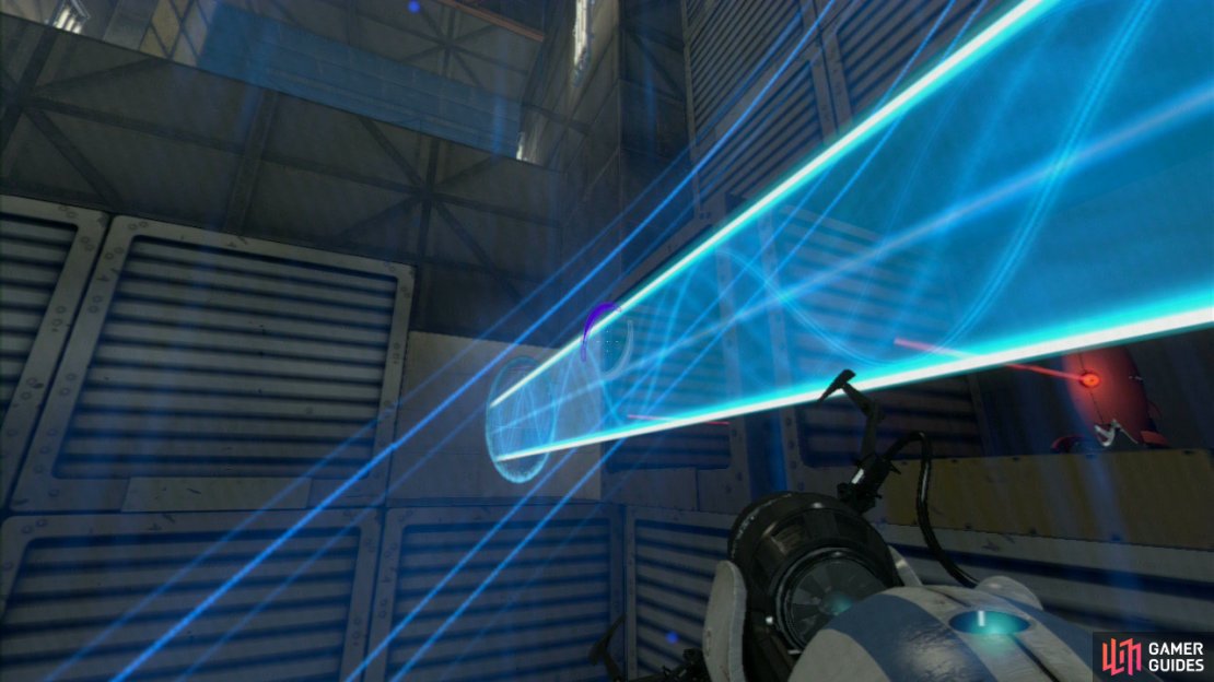 Player 1: As you ascend the funnel, keep your eyes open for viable wall panels to shoot your portal on, there&rsquo;s an abundance of turrets tucked away in little crevices on the way up, shooting the portals in the walls will create protective light bridge barriers.