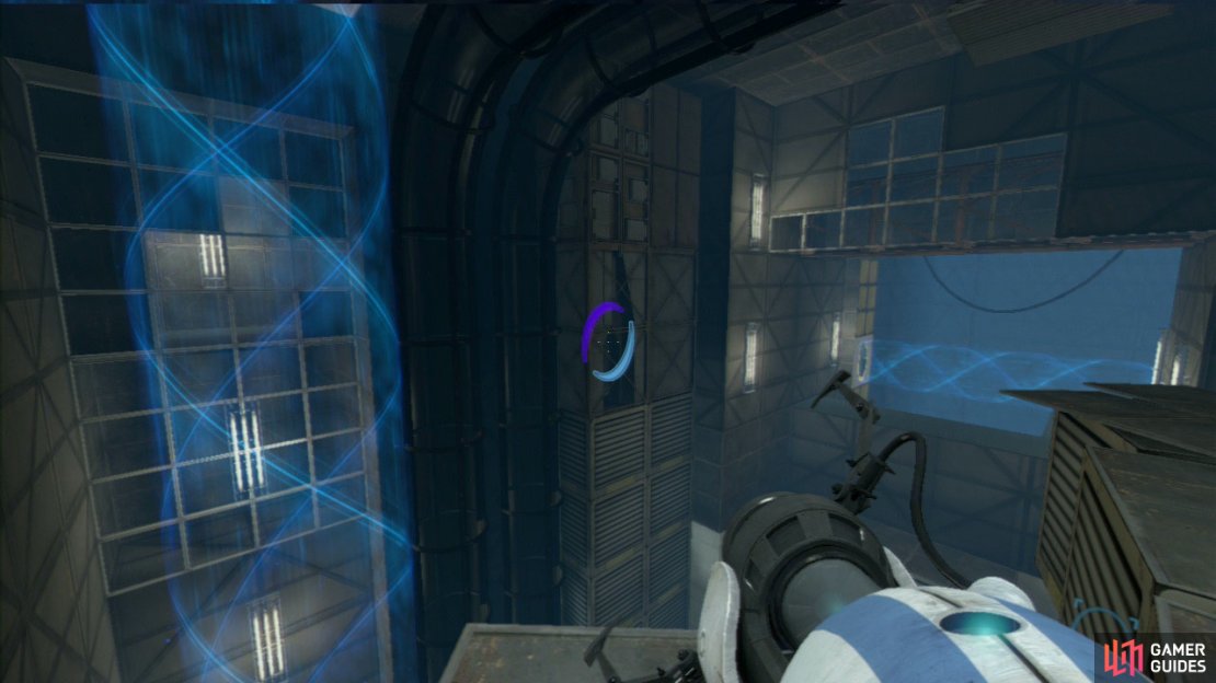 Player 2: Once you reach the top, step off onto the platform (near the other vertical excursion funnel) and look for yellow wall tiles just over to your right in the distance. There&rsquo;s a wall panel big enough to shoot, so place your excursion funnel portal here.  Now jump into the nearby vertical funnel (along with your metallic buddy) and you&rsquo;ll be carried along to a platform, once you&rsquo;ve dropped down safely, aim up and get your funnel portal on the wall up here. Head up the stairs with player 1, jump in the funnel and then jump out at the end onto the other platform.